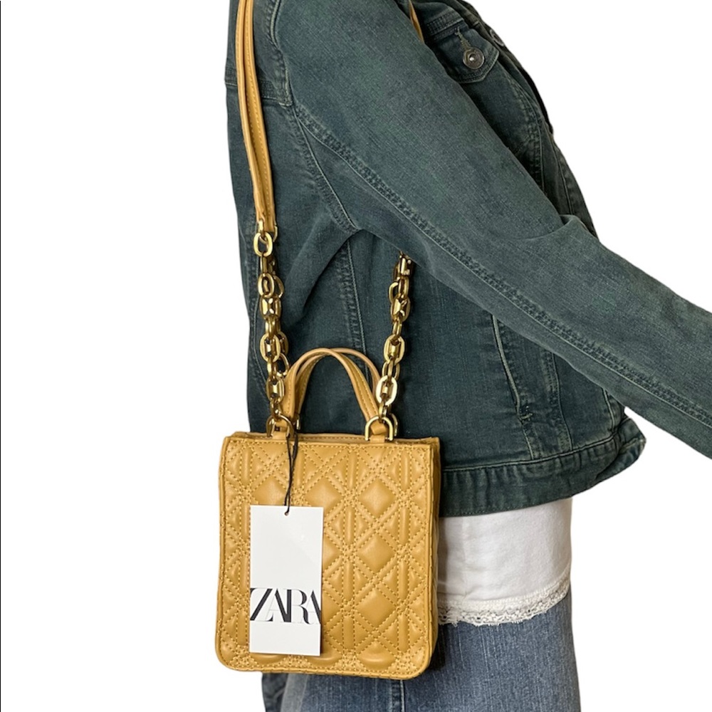 Zara Womens Shoulder Bag Quilt Mustard Yellow Mini Tote Crossbody Bag Purse New - Picture 10 of 15